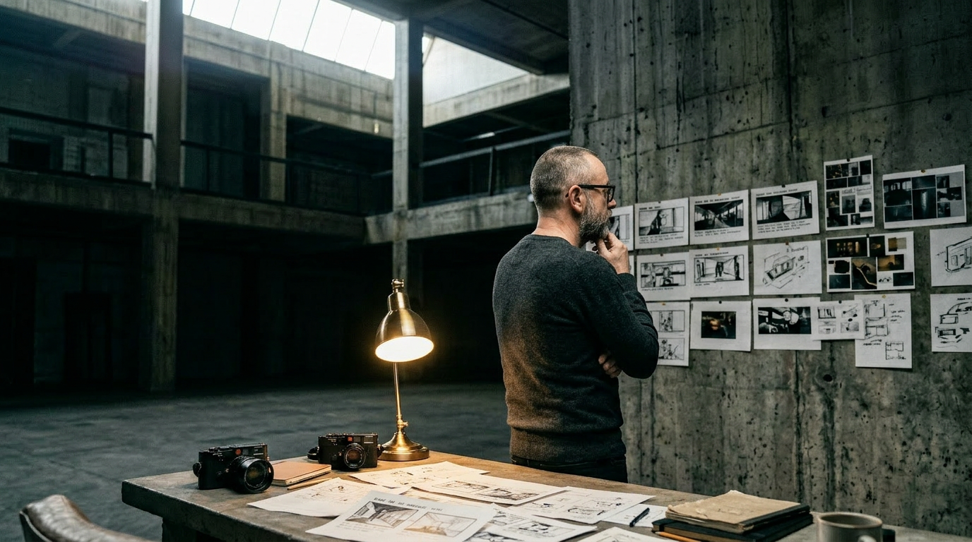 Designer standing at storyboard wall — thinking, back to camera