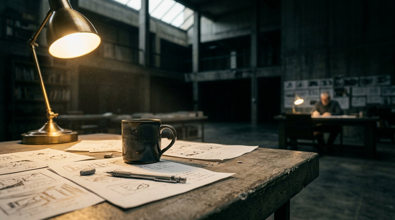 Coffee mug on worn concrete desk — designer working in background
