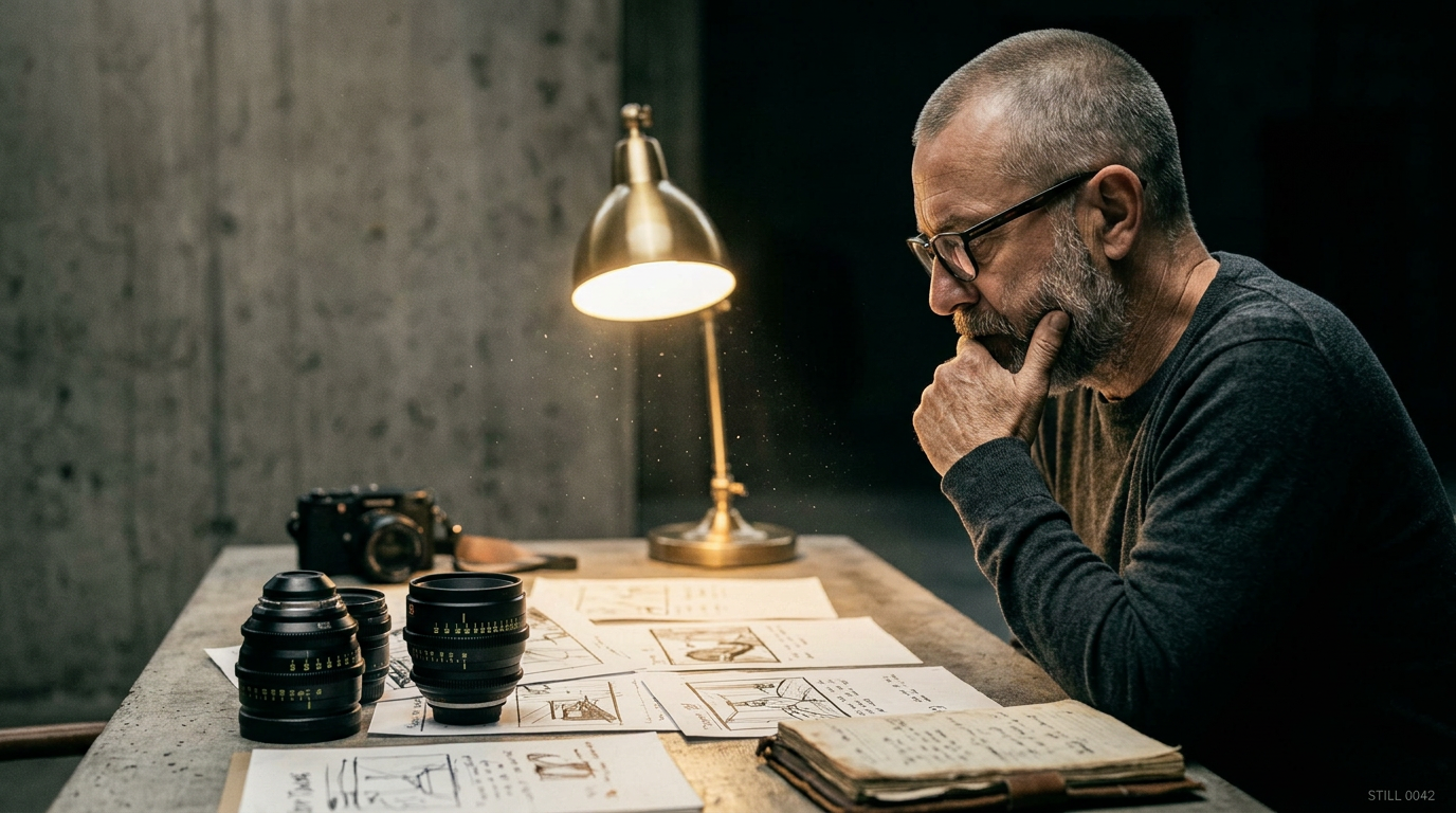 Profile shot — designer studying storyboards, brass lamp
