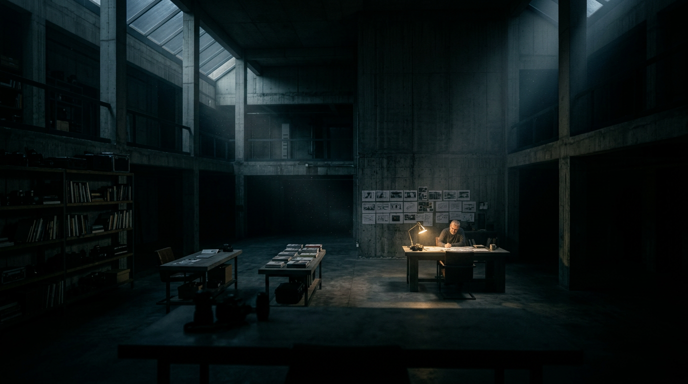 Night — single lamp, designer at work, vast dark studio