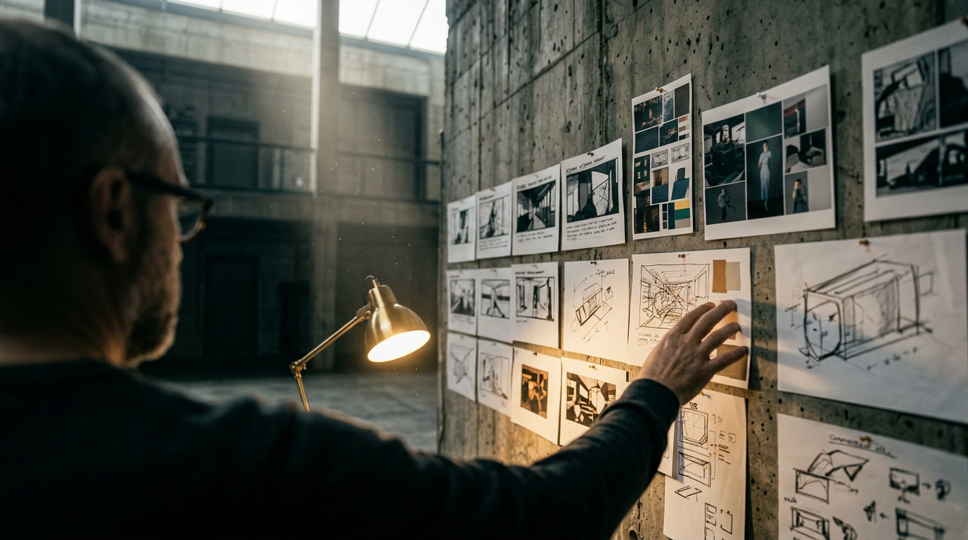 Over shoulder — designer studying pinned storyboards on concrete wall