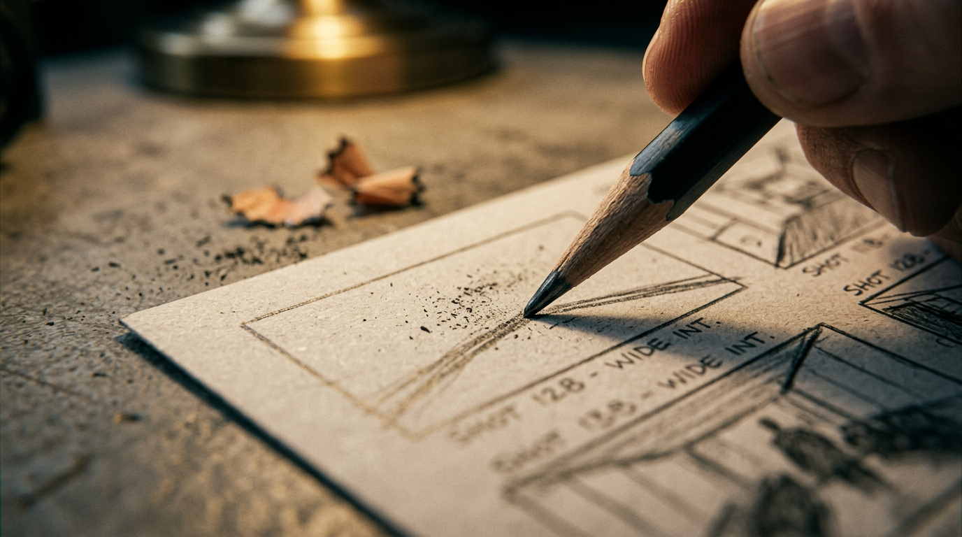 Extreme close-up — pencil sketching composition lines on storyboard
