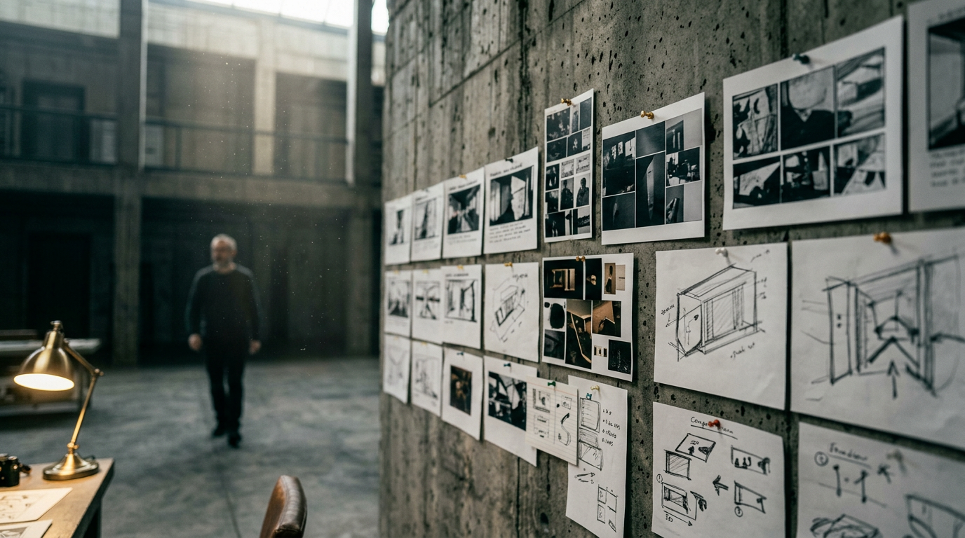Storyboard wall close — photographs and sketches pinned to concrete