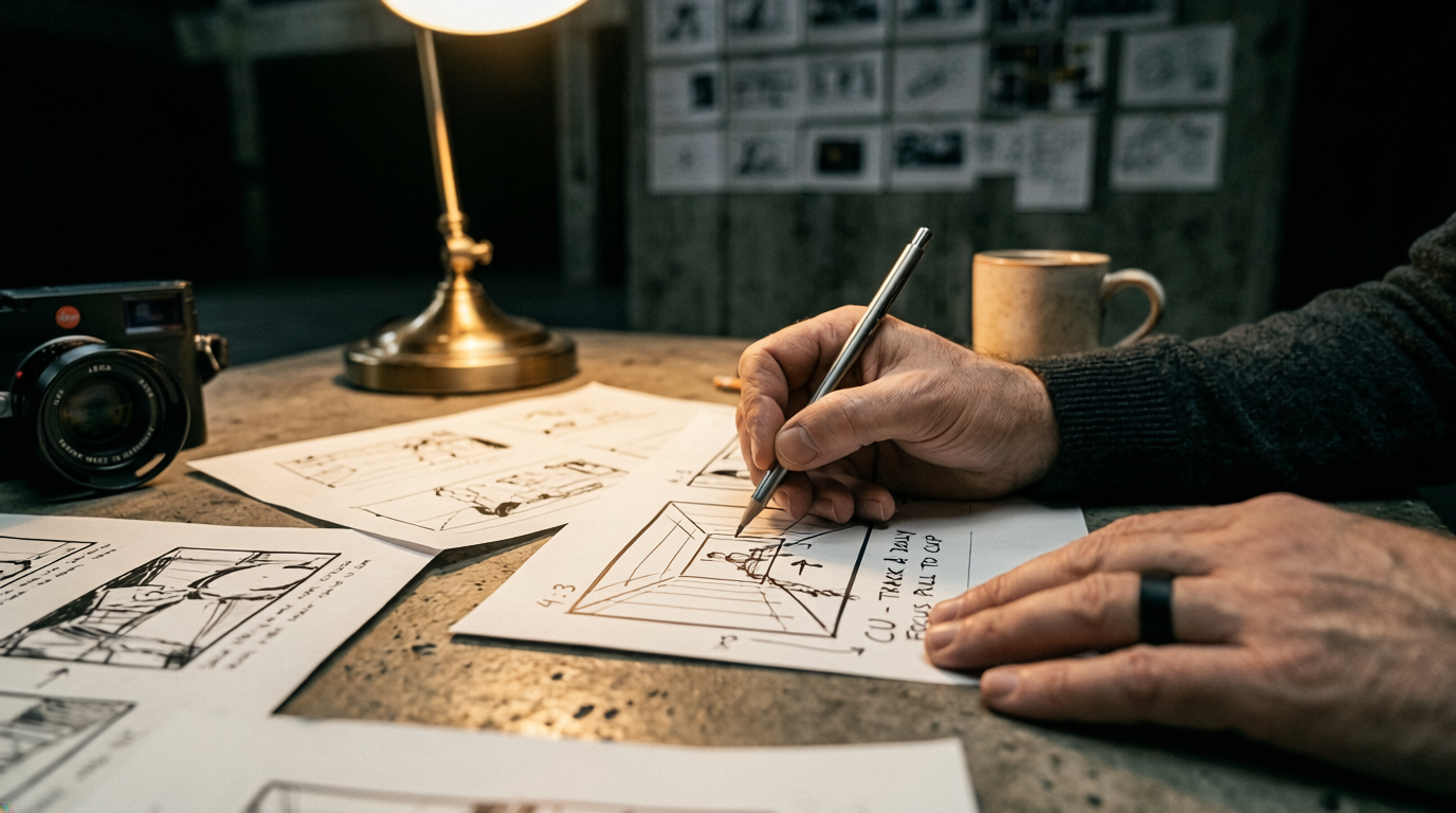Matte black wedding band — hands working on storyboard