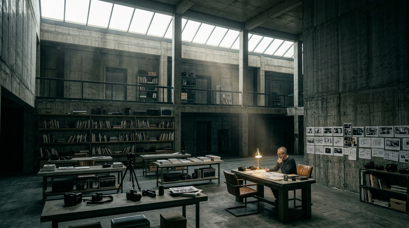 Ultra wide — brutalist design studio interior, single figure at desk