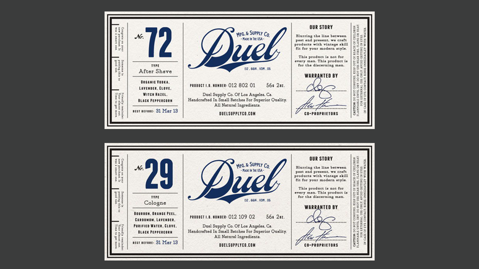 Duel label system — After Shave No. 72 and Cologne No. 29