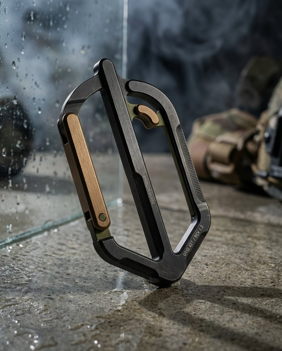 Durindal logo translated into machined metal carabiner — titanium and bronze