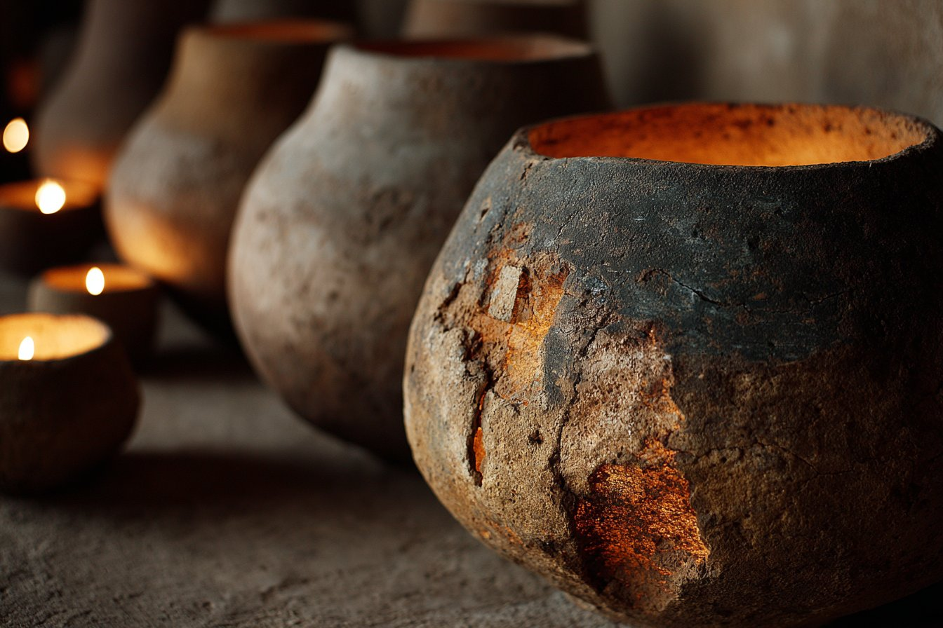 Earth — hand-thrown clay lamp glowing with candlelight