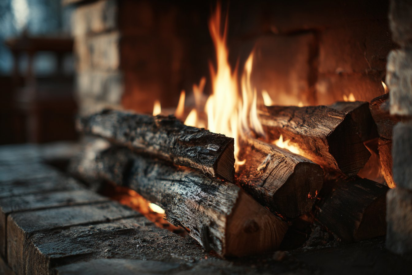 Fire — stacked logs burning in stone fireplace