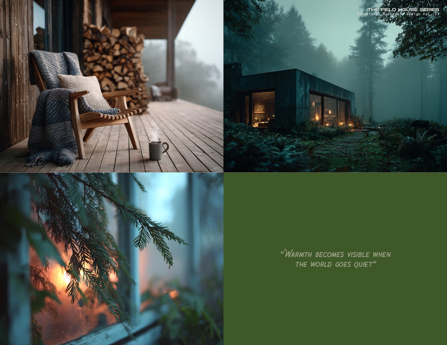 Field House Series — chair on deck, dark cabin in fog, pine branch, warmth quote