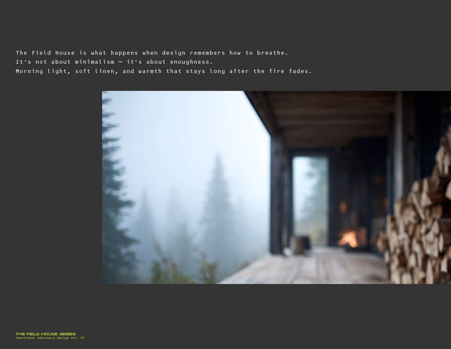 Field House Series — editorial copy page with misty cabin exterior