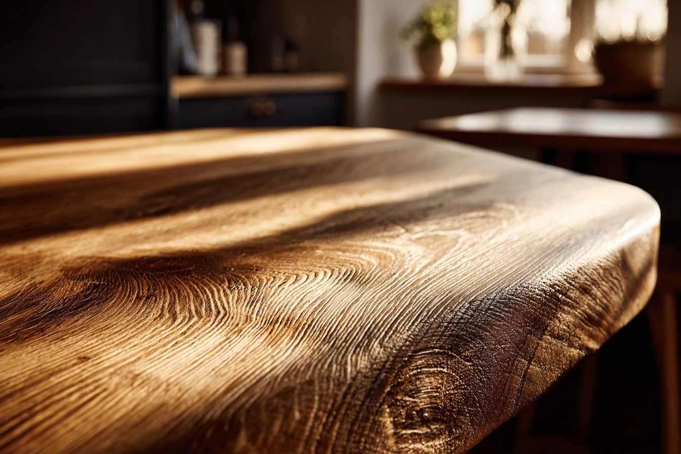 Oak — warm grain table surface in morning light