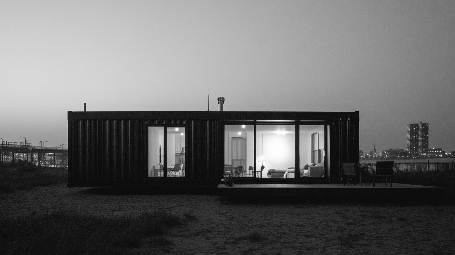 Cinematic B&W — container home at dusk, waterfront, glowing interior