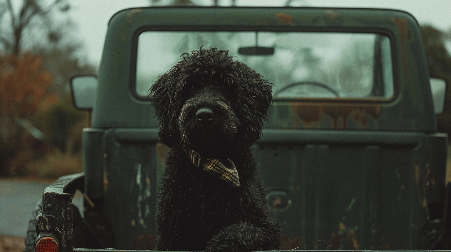 Black doodle in truck bed — moody autumn, plaid bandana