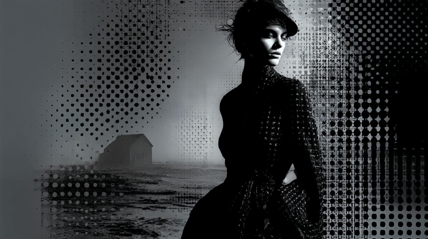 High fashion editorial — halftone B&W, coastal environment