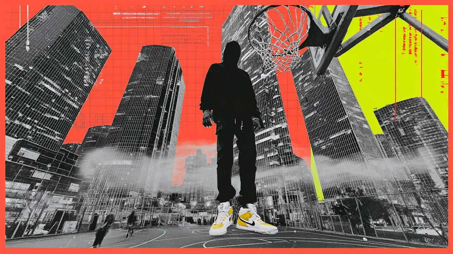 NBA culture campaign — collage, street court, heroic silhouette