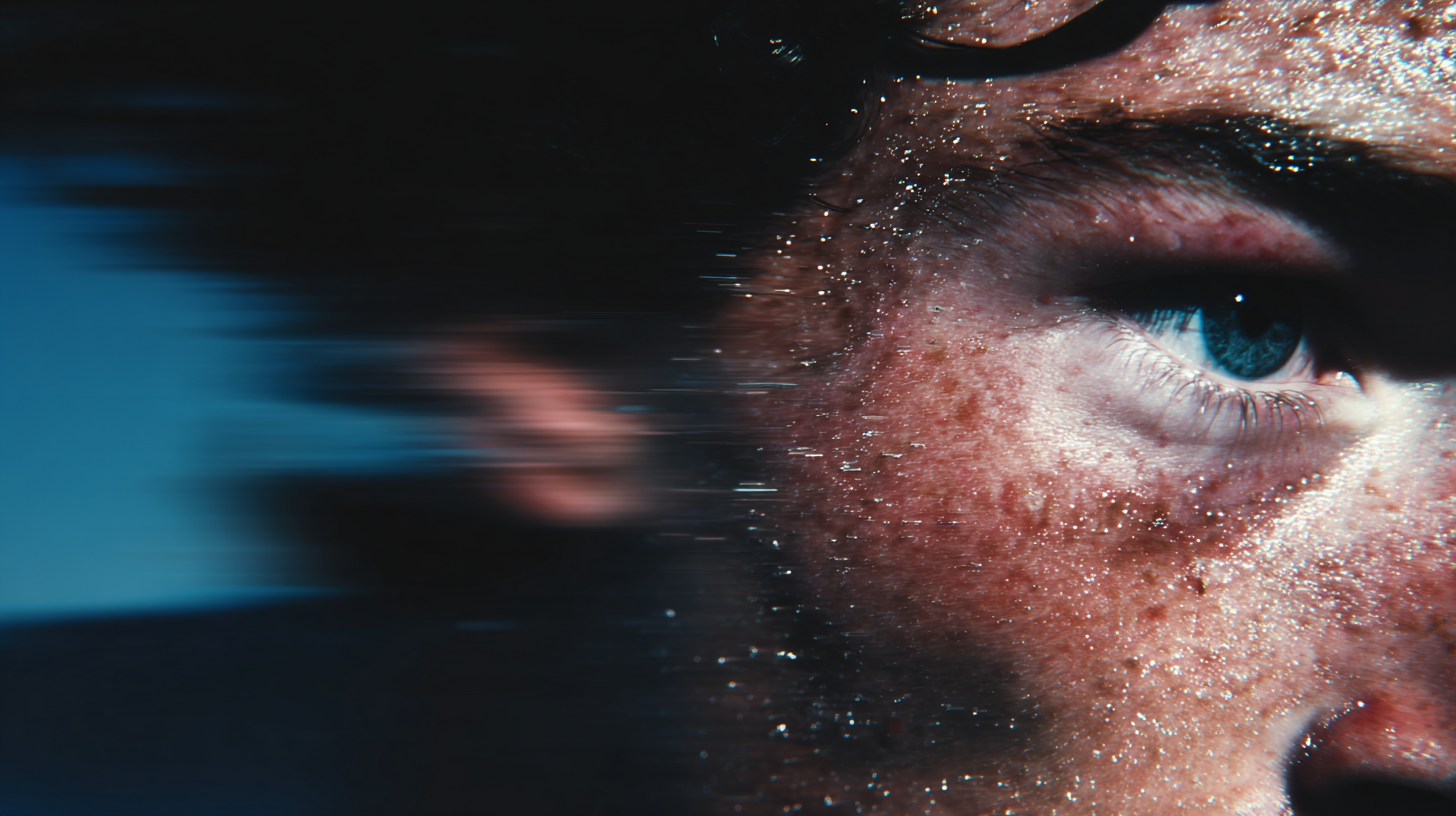 Runner extreme close-up — eye and sweat particles, motion blur