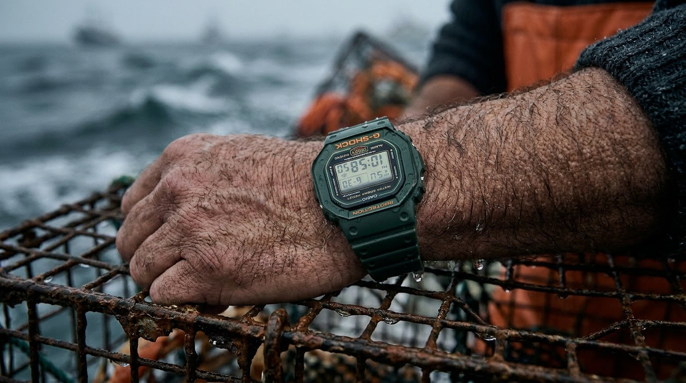 G-Shock DW5600 on fisherman's wrist gripping crab trap