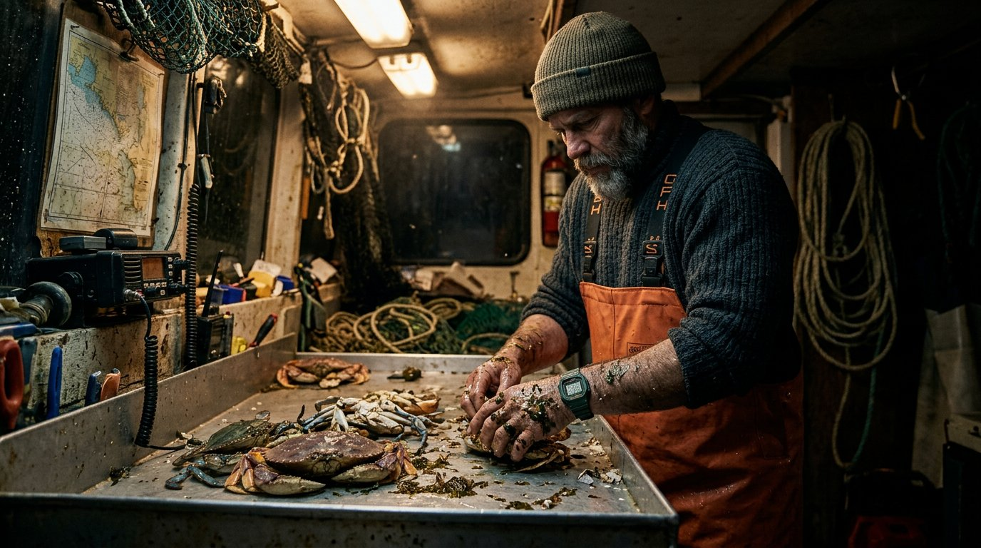 Fisherman sorting crabs in boat cabin — G-Shock visible on wrist