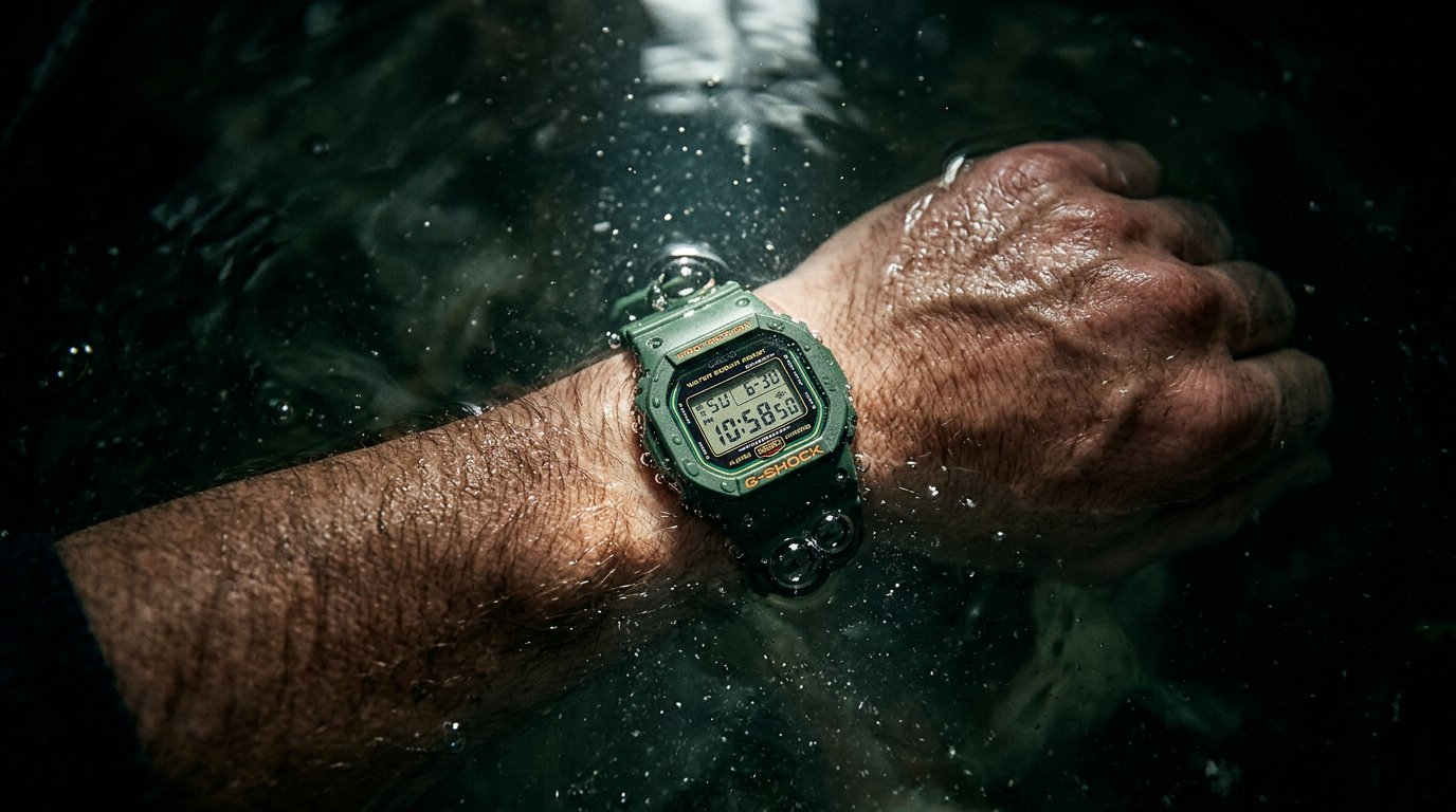 G-Shock DW5600 submerged in water — water resistance proof shot