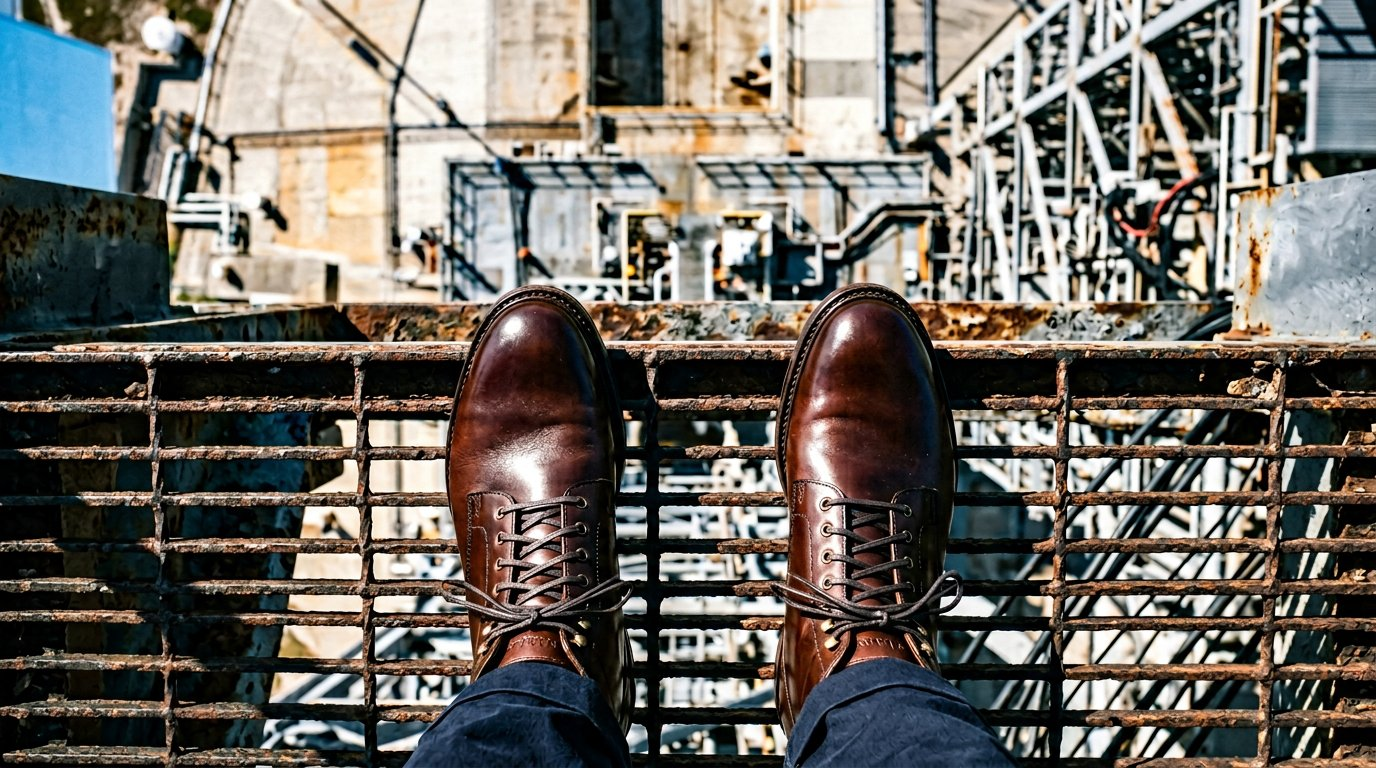 Hand-polished Ralph Lauren dress shoes on launch tower grating