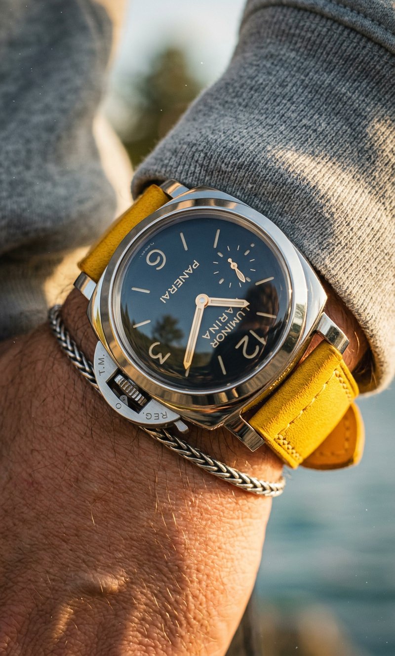 Extreme close-up — Panerai Luminor Marina dial, yellow leather strap, silver chain bracelet