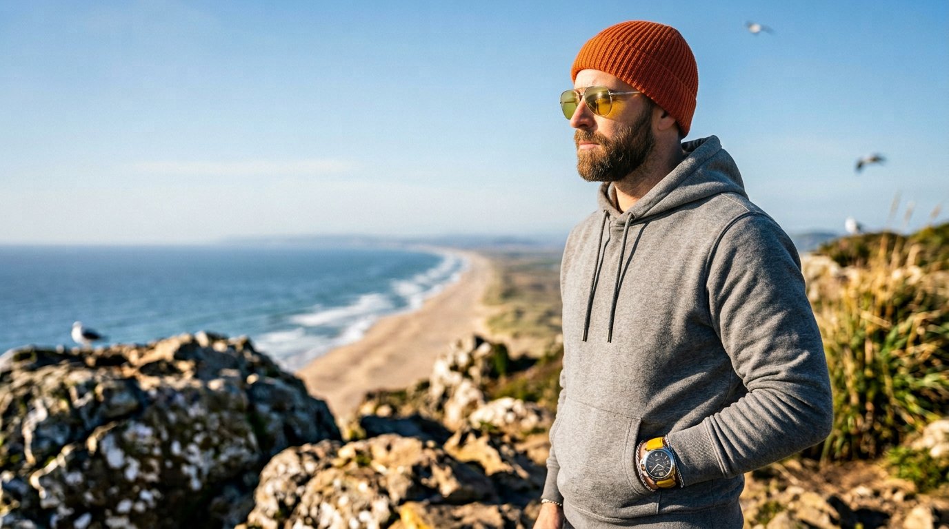 Man on coastal overlook — Panerai Luminor Marina visible on wrist
