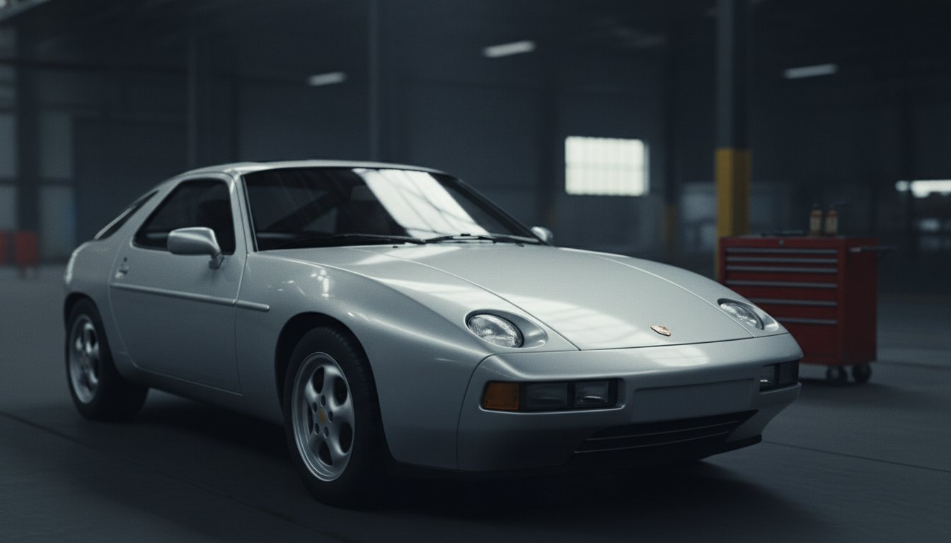 The Sweeping Profile — Porsche 928 three-quarter front in industrial warehouse